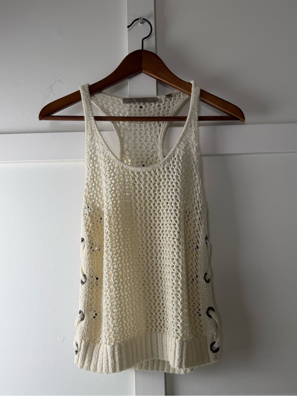 GUESS Cream Crochet Racerback Lace-Up Tank Top XS